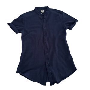 Zara Man Shirt Size Medium Slim Fit Henley Short Sleeve Button-Up Navy Cotton